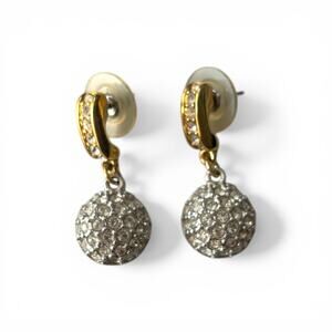 Vintage Signed Swarovski Gold Tone Crystal Pavé Ball Dangle Post Earrings